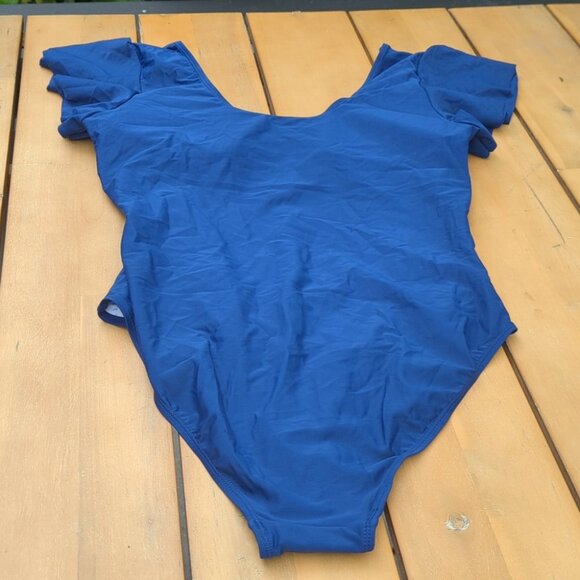 Luvly One Blue & Gold Delphine V-Neck Swimsuit with Lace Trim - Size XL NWT - Picture 4 of 5